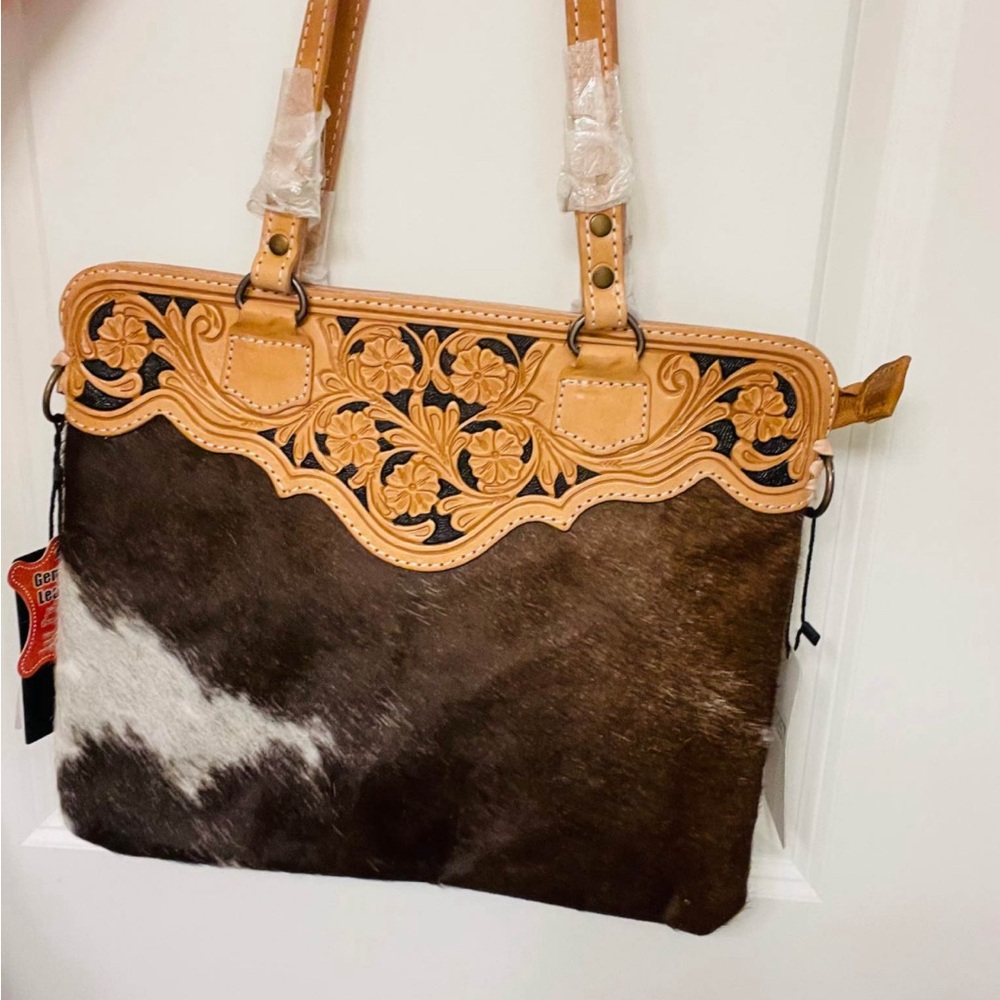 American Darling Tote Hand Tooled Hair On Genuine Leather Women Bag Western